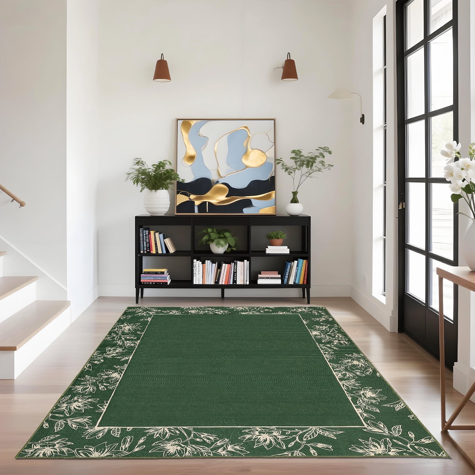 Hasoo 10' x 13' Area Rugs for Living Room Washable Vintage Floral Print Large Bedroom Indoor Modern Geometric Bordered Rug Soft Non Slip Carpet for Dining Room Apartment Office, Green