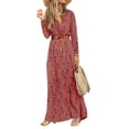 thumbnail image 1 of Vestido de mujer Estilo bohemio Ropa floral de manga larga Vestido largo con cuello en v de cintura alta para dama, Rojo, XL Vogacara AP003994-04, 1 of 5