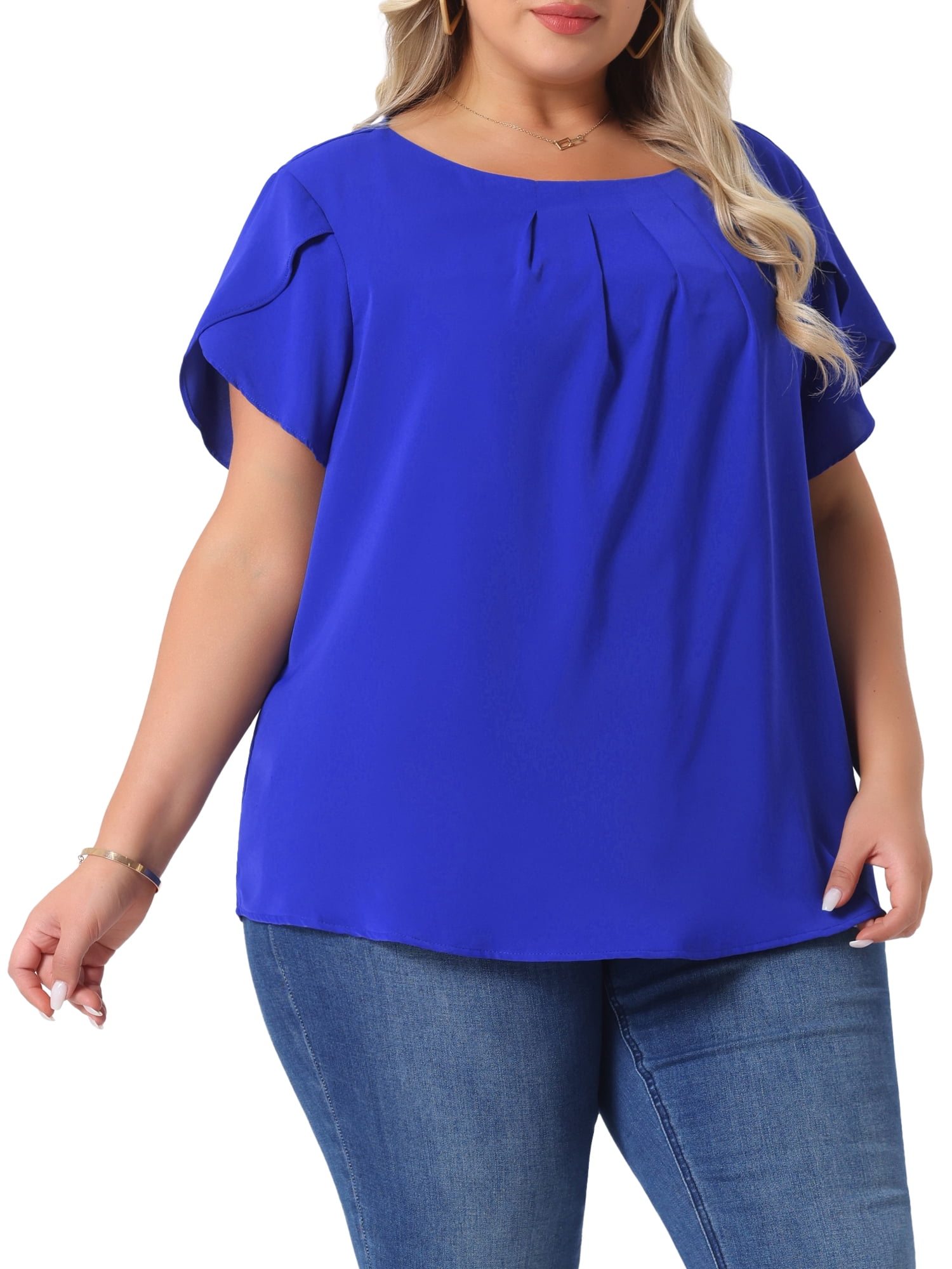 DARING DIVA Women's Plus Size Round Neck Pleated Tulip Sleeve Shirt Blouse 3X Royal Blue