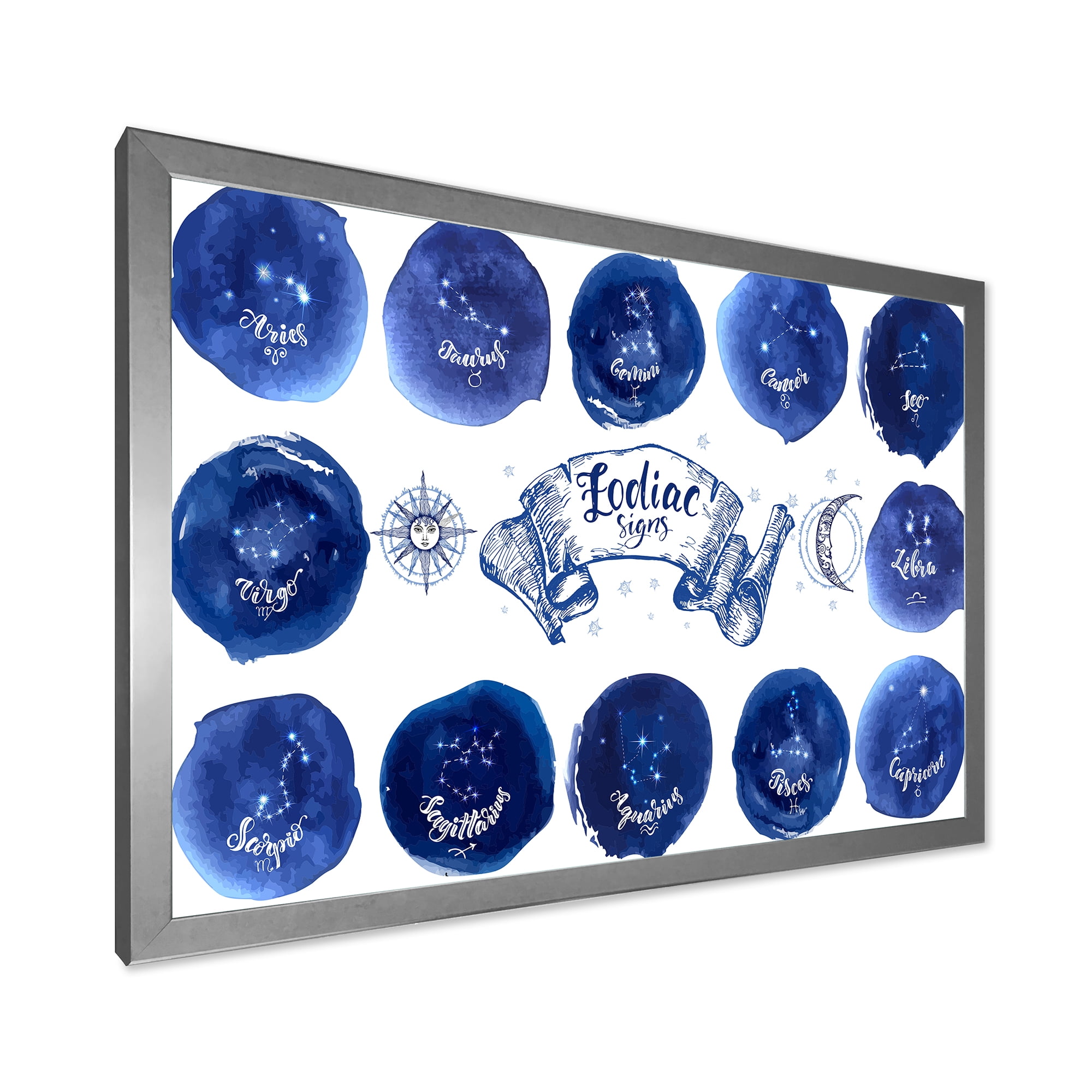 Designart 'Collection of Astrology Signs On Blue Circles' Modern Framed Art Print