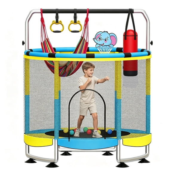 SEMOPRUS 55" Trampoline for Kids with Enclosure Net, 440lbs Indoor Outdoor Toddler Trampoline, Adjustable Gymnastics Bar&Toys, for Boys Girls