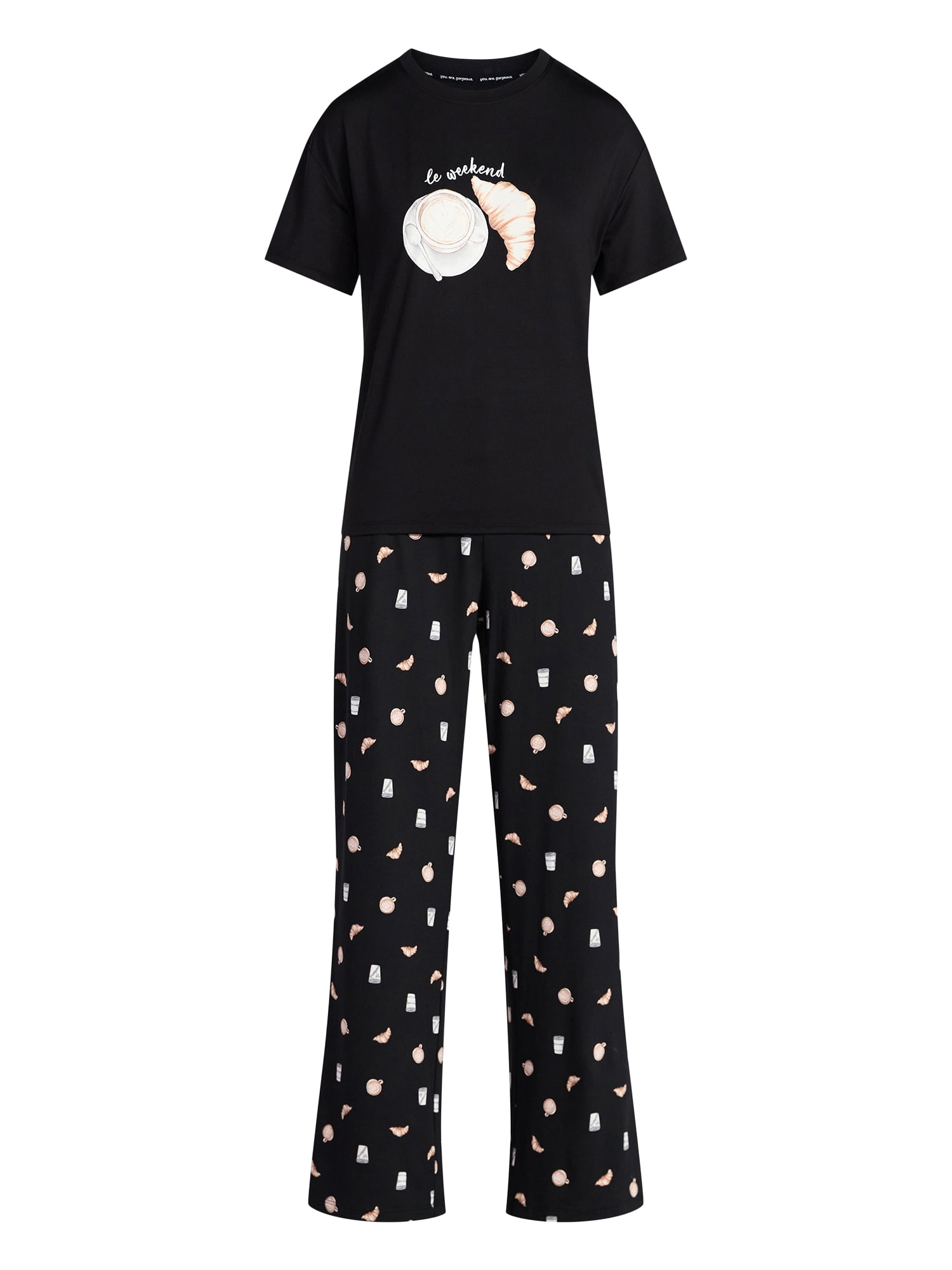 Joyspun Women's Dreamy Soft Collection Short Sleeve Sleep Top and Open Leg Pants Pajama Set, 2-Piece, Sizes XS-3X