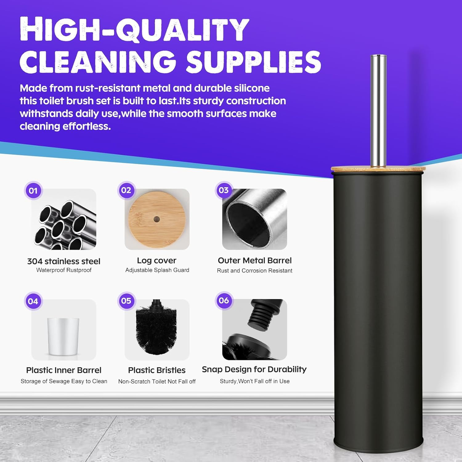 Compact Toilet Brush & Holder Set, Stainless Steel Handle, Deep Cleaning, Durable Nylon Bristles, Splash-Proof Design