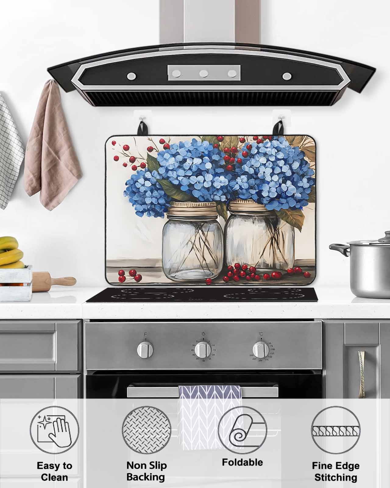 nqOlkjepod Large Induction Cooktop Protector Mat 24"x21", Blue Floral Stove Top Covers for Electric Stove, Bottle Floral Farm Fruit Spring Summer Stove Burner Cover Mats, Glass Top Stove Cover