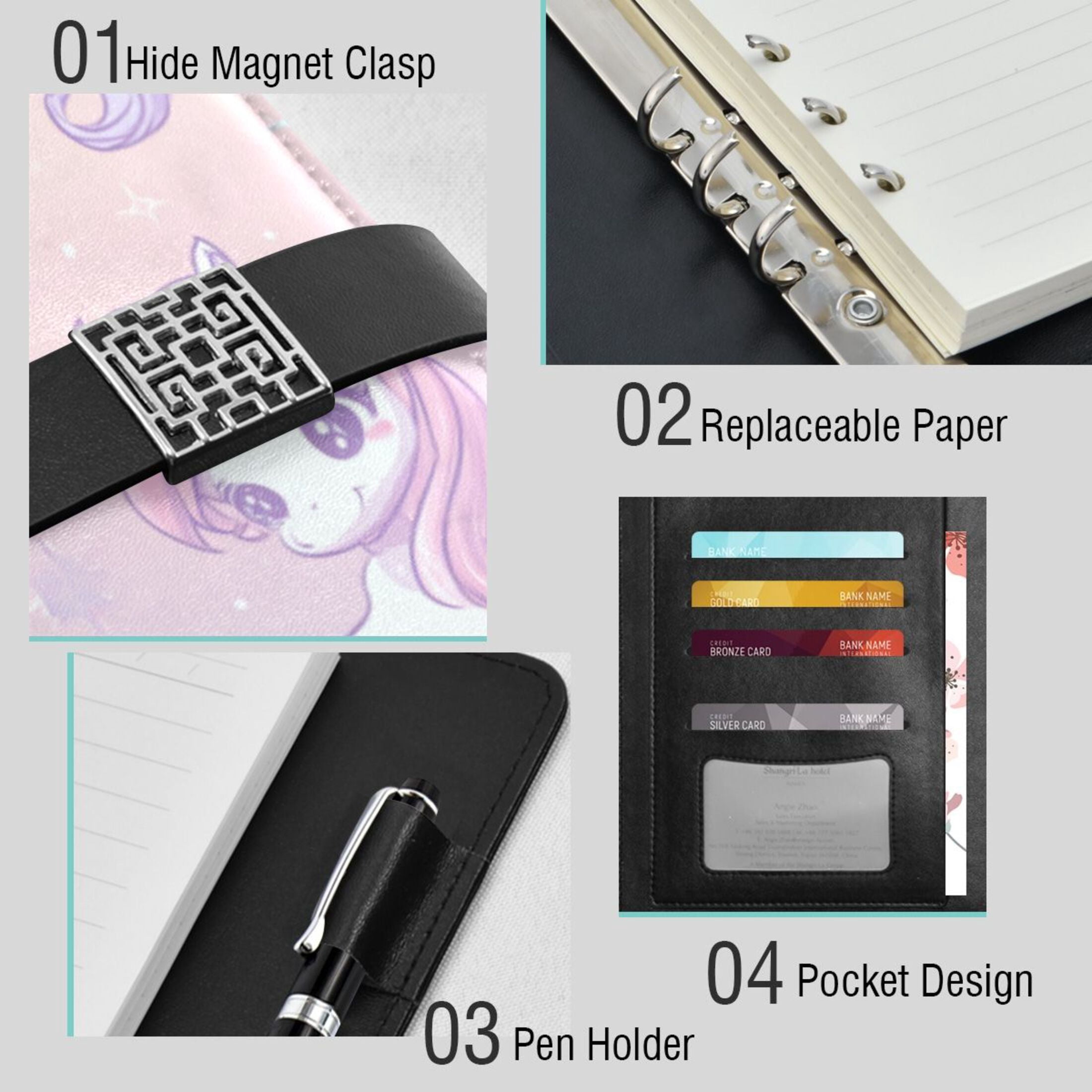 Leather Planner Leather Notebook Notebook Journal Binder Design Pen Pocket Design Convenient for Storage Pastel Unicorn Seamless