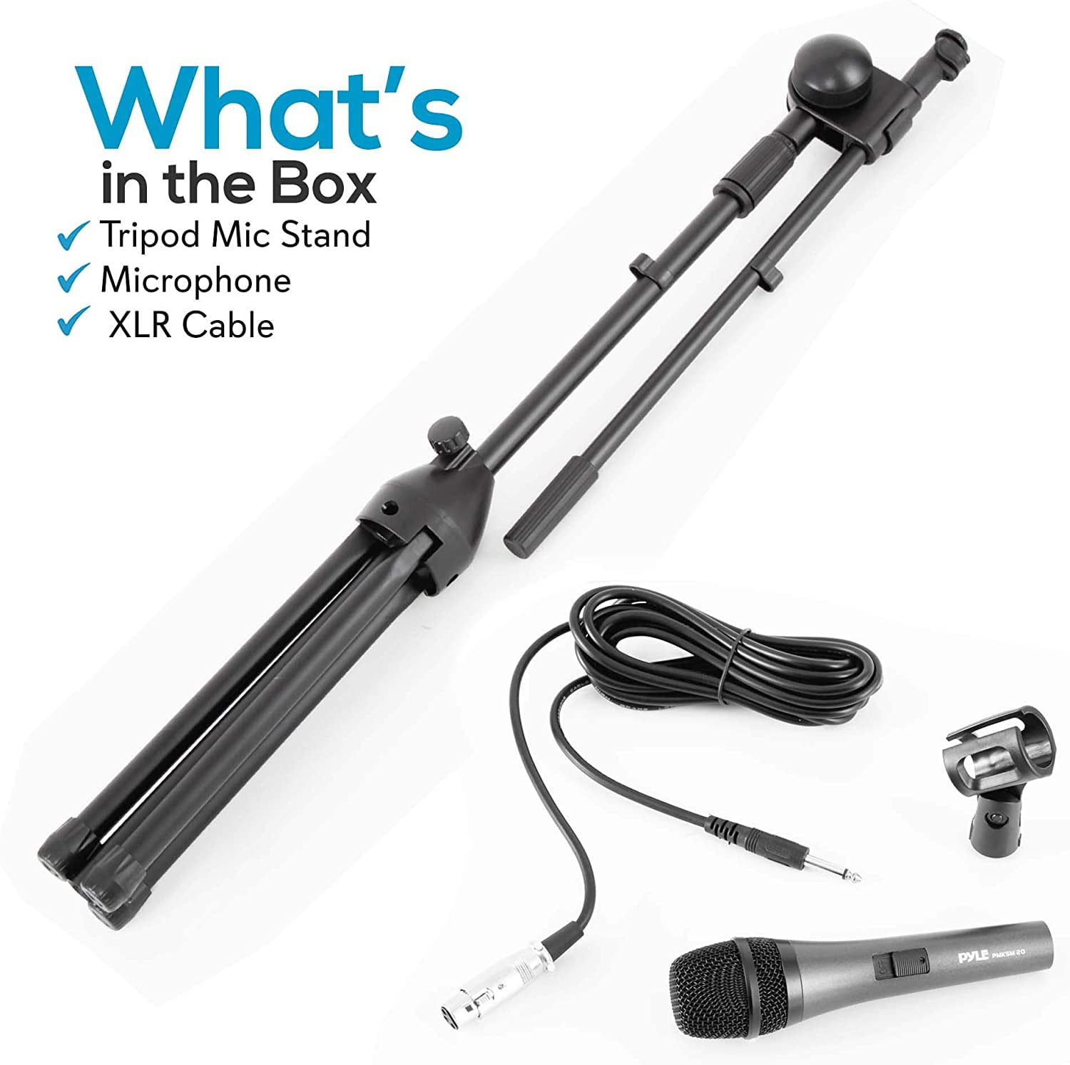 PYLE PMKSM20 - Dynamic Microphone and Tripod Mic Stand, Height Adjustable, Extending Boom, Includes 15' ft. XLR Cable