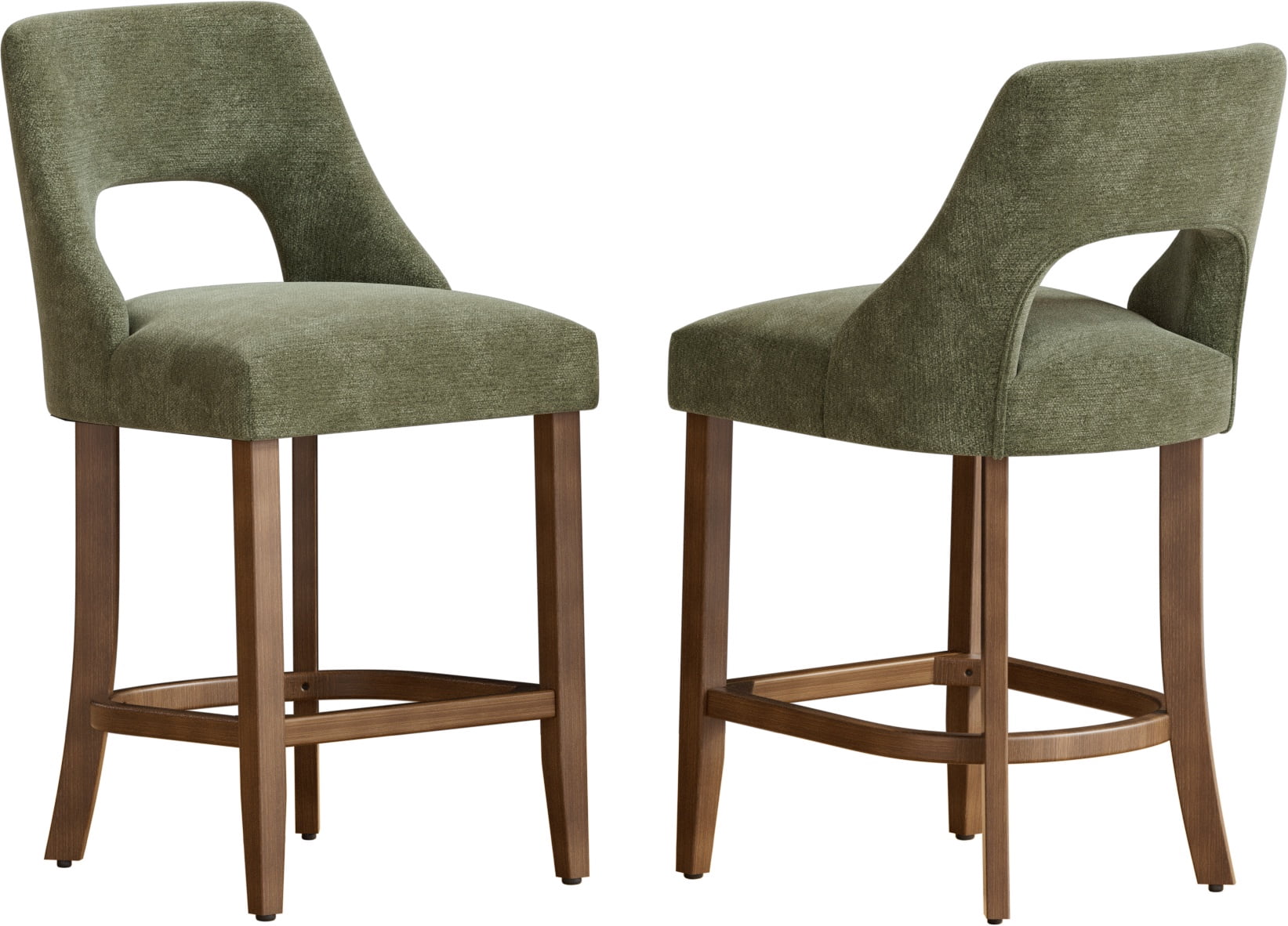 PORKISS 26" Bar Stools Set of 2, Upholstered Kitchen Island Stools with Hollow Back, Mid-Century Counter Stools with Wood Legs Footrest, Green