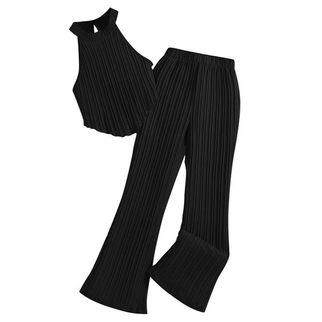 Odeerbi 8-12 Años Niñas Conjuntos de Verano Algodón Tops Halter Pantalones Pata Ancha Conjunto de Dos Piezas Cuello Sin Mangas Top Pantalones Conjunto