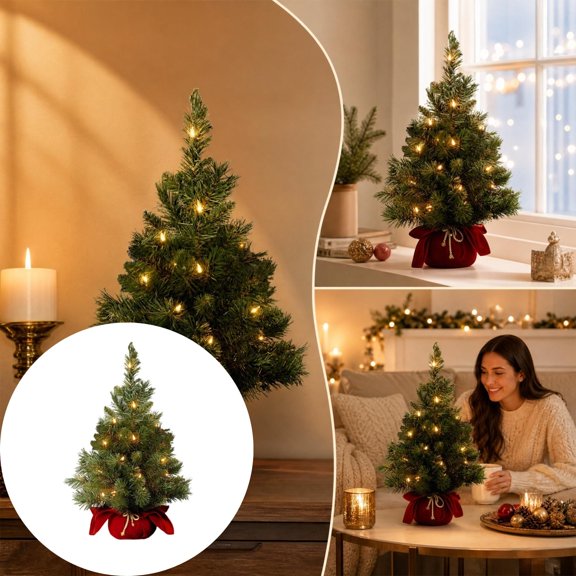 Lilixerw Christmas Pre‑Lit Tabletop Tree, Lighted Small Artificial Tree for Desk, Counter and Shelf Display, Christmas Decoration, 23.6 inch