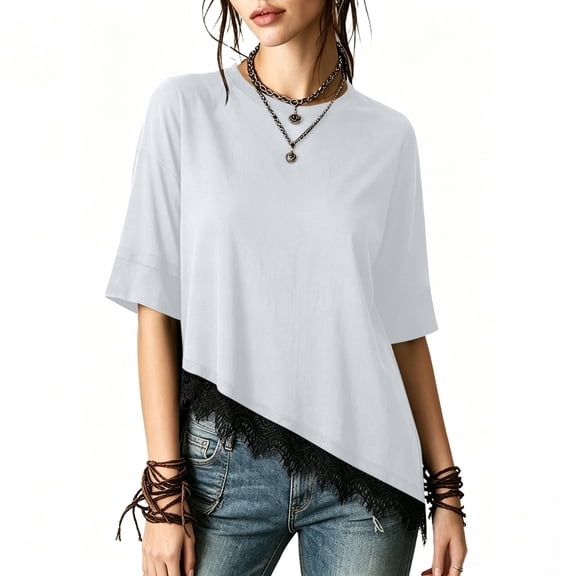 Juniors Lace Spandex Tshirts Tops for Women Short Elbow Sleeve Loose Fit Basic Summer Fall Tee 2026