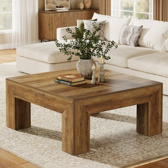 Fnova 39.4" Square Coffee Table, Farmhouse Wood Accent Center Cocktail Table with Sturdy Wooden Legs for Living Room, Easy Assembly