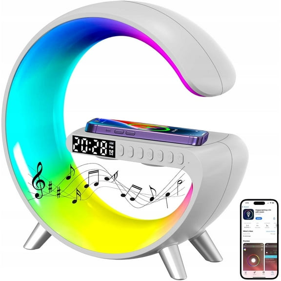 RGB LED lamp, 15W inductive charger   clock   Bluetooth speaker, white