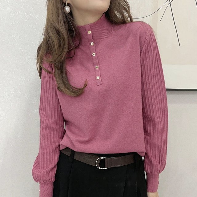 Suéter elegante de cuello alto medio para otoño e invierno, jersey liso de moda para mujer, jersey tejido con mangas abullonadas, jersey holgado