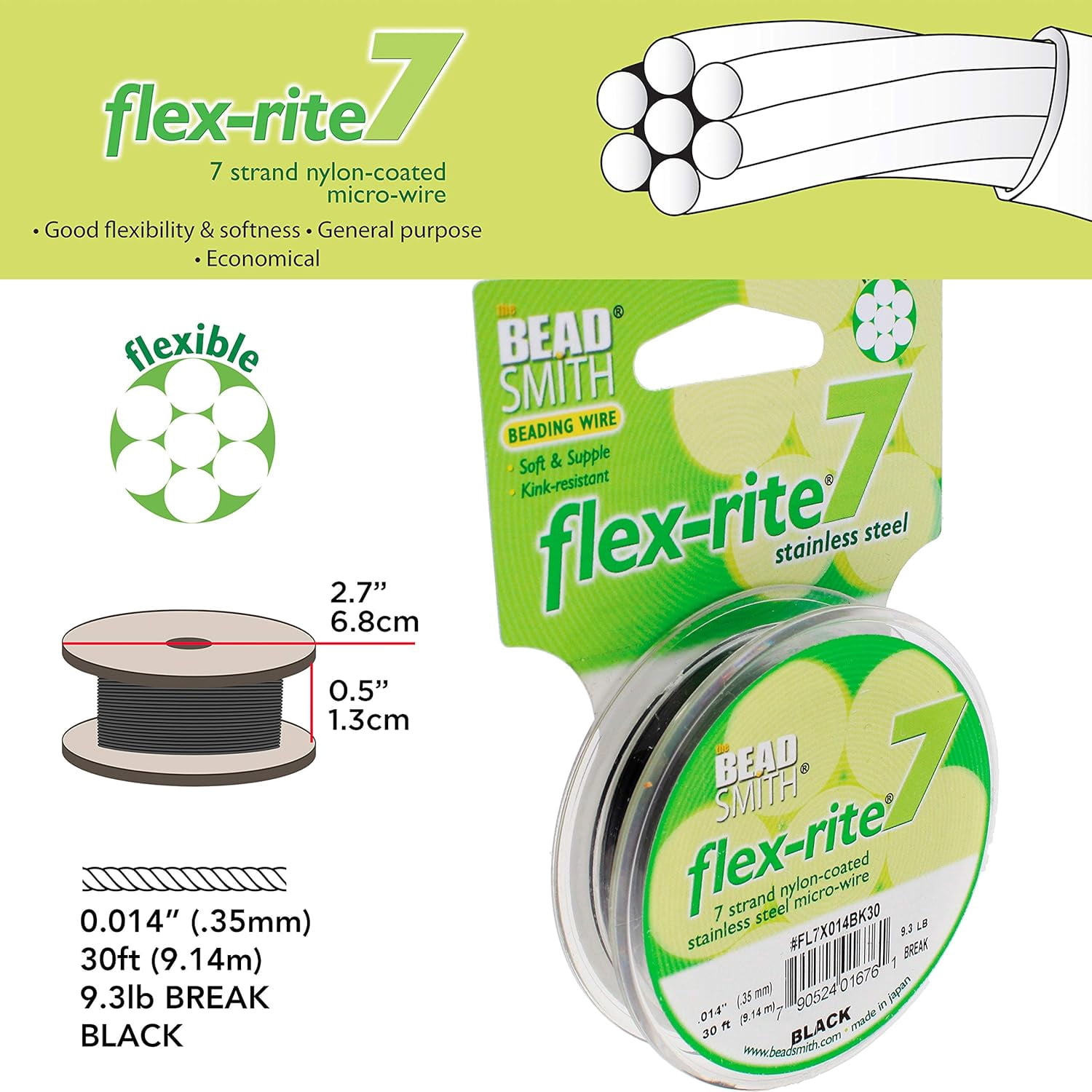 The Beadsmith Flex-Rite Beading Wire - 7-Strand, 0.014" (0.35 mm) Dia, Black, 30 ft