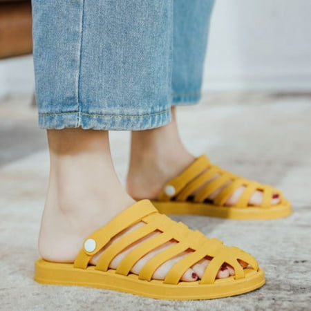 

SUODUI Women s Slippers Shoes Stock Comfortable Sole Female Pvc Jelly Shoes Ladies Sandalias Mujer Summer Beach Women Flat Sandals Yellow 7.50