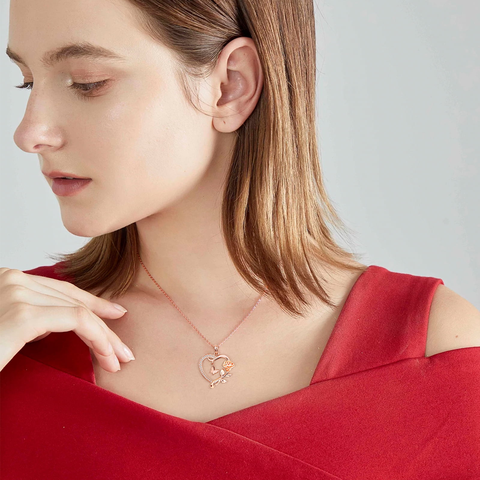 Heart Necklace for Women Rose Gold Plated CZ Romantic Rose and Butterfly Jewelry Gift for Women Birthday Valentine's Day