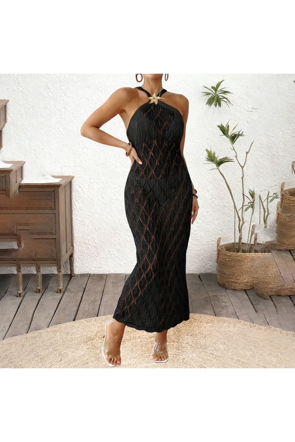 Women's Beach Cover Ups Halter Neck Sleeveless Open Knit Starfish Decor Maxi Dresses Resort Lightweight Flowy Swim Cover Ups Gift