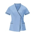 thumbnail image 2 of BiZtdJrK Women Medical Scrub Tops Side Tie V Neck Short Sleeve Scrubs Shirts Lightweight Housekeeping Nursing Uniforms with Pockets Light Blue XXXL, 2 of 6