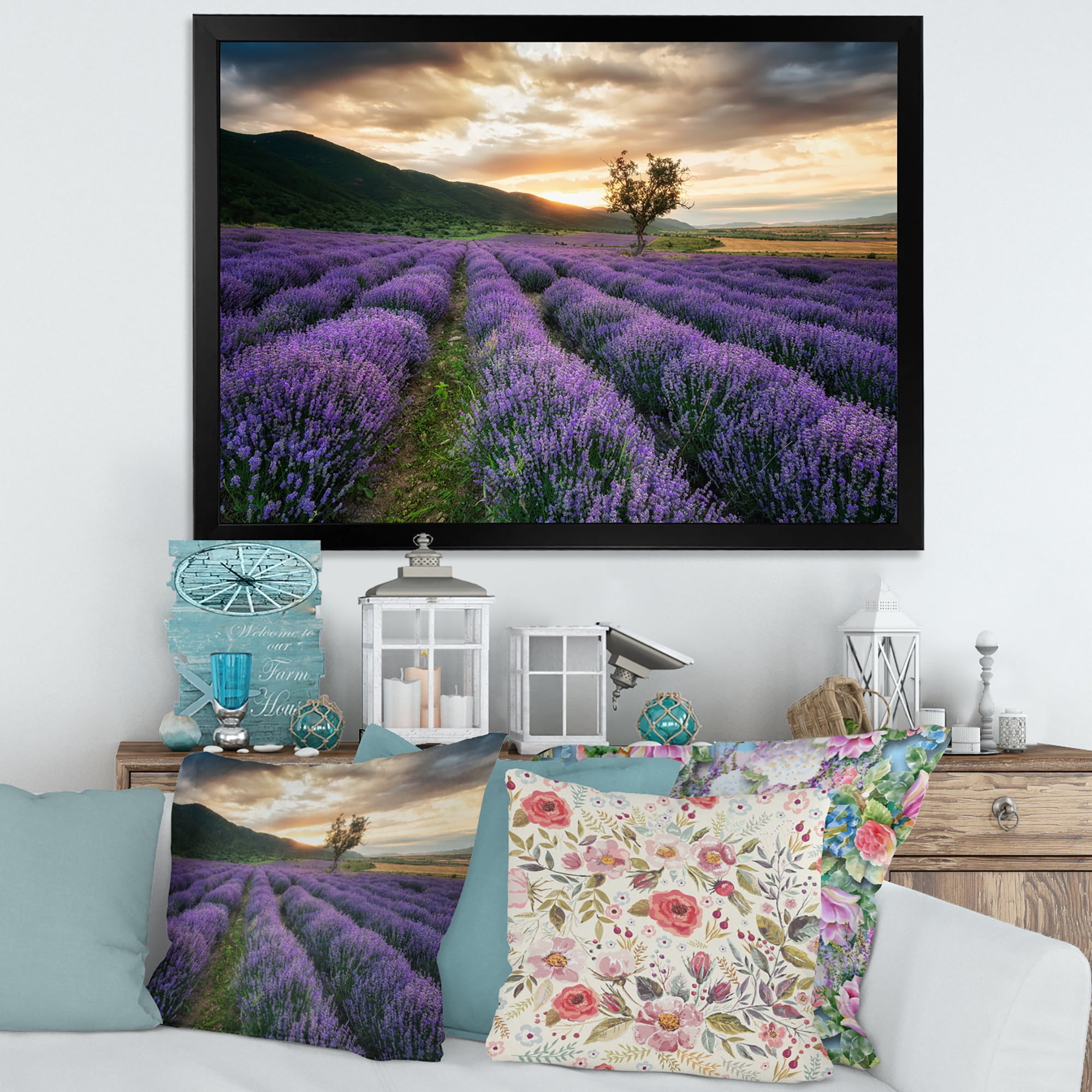 Designart 'Dramatic Clouds and Sunrise Over Lavender Field VII' Farmhouse Framed Art Print