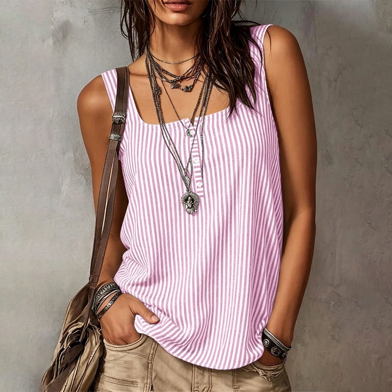 淡色女子♡” ZUKMRJPC Women's Y2K Striped Tank Tops Vintage Square Neck Front