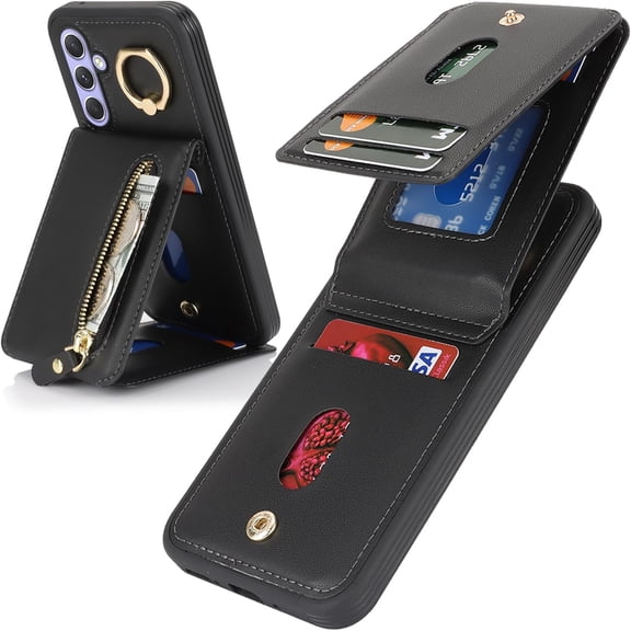 Samsung Galaxy A54 5G Case with Card Holder for Women, Samsung Galaxy A54 5G Phone Case Wallet with Credit Card with Ring Kickstand Zipper Slim Stand Case - Black