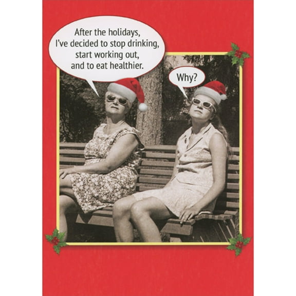 RSVP Two Women on Bench Photo: Start Working Out and Eat Healthier Humorous / Funny Christmas Card for Her