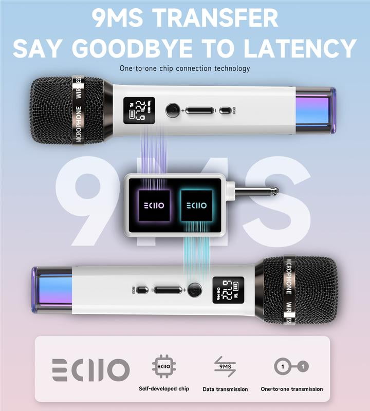 Wireless Microphones, Micorphone with One-to-One Chip Connection and LED Lights, 40H Duration, 200FT Range Receiving, Volume Control Karaoke Micorphone for Singing, Speech, Home Party, YouTube/Tiktok