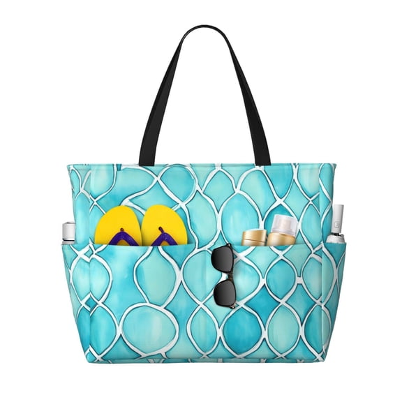 Women'S Large Capacity Beach Bag Travel Bag 17.7×15in Waterproof And Durable Portable Can Be Used For Daily Play Travel Shopping Gym Turquoise Moroccan Trellis Hand-Drawn Sketch_4