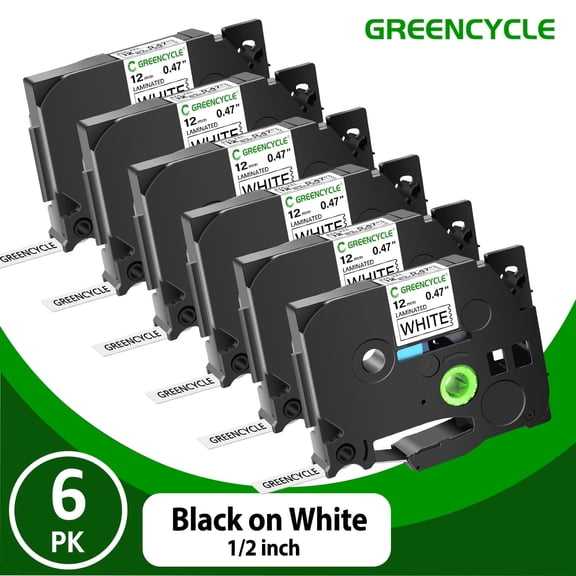 GREENCYCLE 6PK TZ-231 0.47'' 12mm Black on White Label Tape Compatible for Brother P-touch TZe-231 TZe231 TZ231 Label Maker