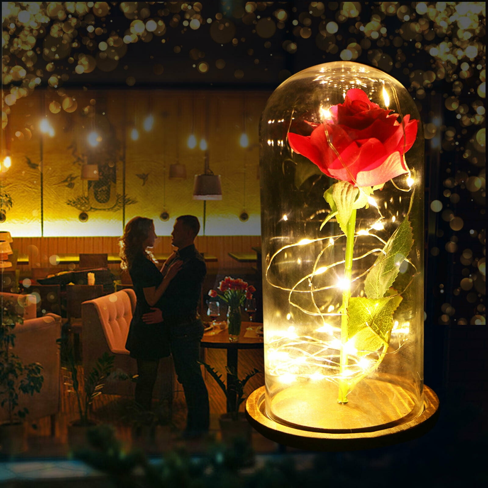 Enchanted Red Silk Rose, Beauty and the Beast Rose in A Light Dome