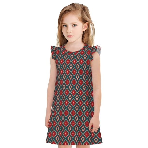 Fotbe Red And Orange On Blue Teal Vestido de Dormir para Niñas de 3 a 10 Años, Mangas Cortas, Estilo Princesa, Pijama Camisón con Mangas Voladas-Small