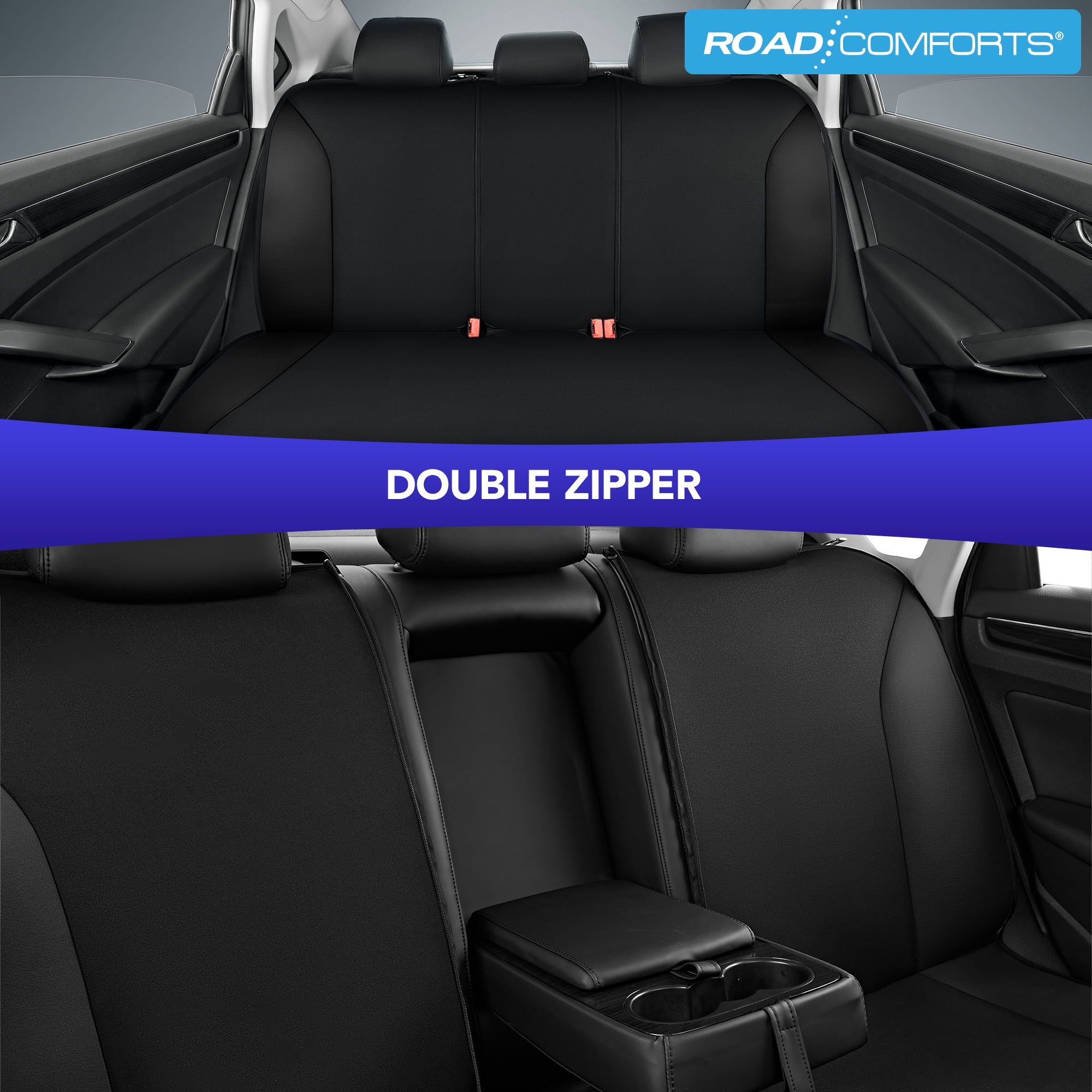 Road Comfort PolyPro Car Seat Covers Full Set – Front and Rear Split Bench, Easy to Install Cover Set, Univesal Fit For Auto Trucks Van SUV - Black