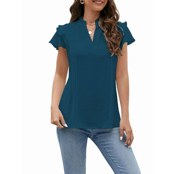 Womens Dressy Casual Tops Ruffle Short Sleeve V Neck Shirts Elegant Business Work Blouse Dark Blue L