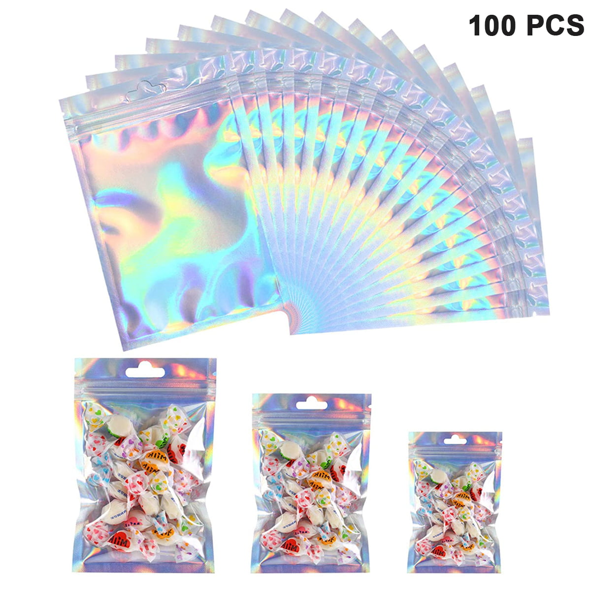 100Pcs/Set Holographic Rainbow Laser Foil Heat Seal Zipped Lock Pouch Bags Favor 