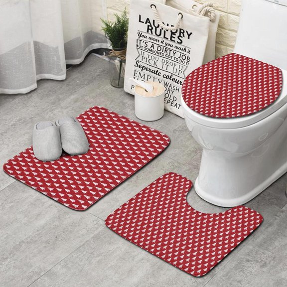 Red Christmas Tree Pattern Bathroom Rugs Sets 3 Piece,Toilet Cover Set,Absorbent Non Slip Bathroom Mats Sets with U-Shaped Contour Rug Toilet Rug Set