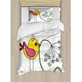 thumbnail image 1 of Dandelion Duvet Cover Set Twin Size, Doodle Image of Little Bird Holds a Herb, Decorative 2 Piece Bedding Set with 1 Pillow Sham, Vermilion Pink Mustard Apple Green, by Ambesonne, 1 of 3