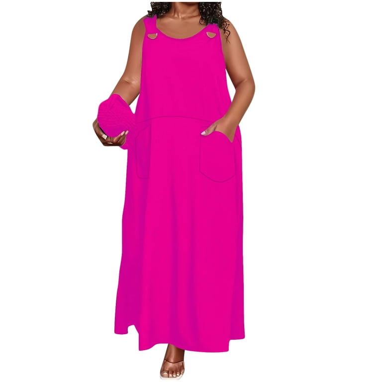 hot pink dress xl Vbvc Women's Plus Size Overall Maxi , Sleeveless Loose Fit Long Dress For Women , Ladies' Casual Stretchy Summer Dress with Pockets,Hot Pink,XL Pakistani Bridal Dresses