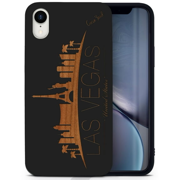 Wood phone case for iPhone XR compatible protective cell phone cover shockproof slim fit laser engraved Skyline Vegas design Black wood case for Men & Women by CaseYard