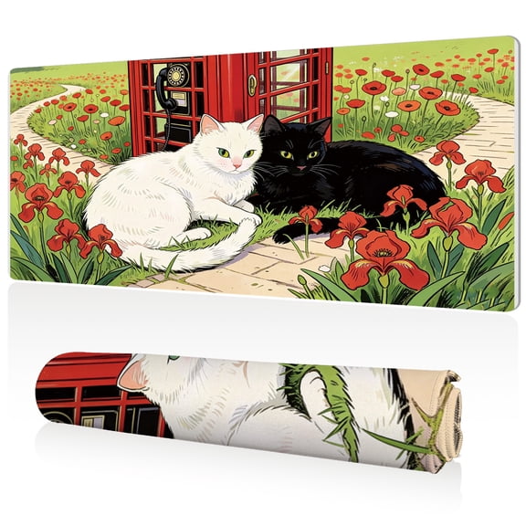 LIVEKEY Mouse Pad 80x40cm Extra Large Non Slip Stitched Edges Full Coverage Durable Easy Clean White and Black Cats with Red Telephone Box and Poppies Art for Gaming Office