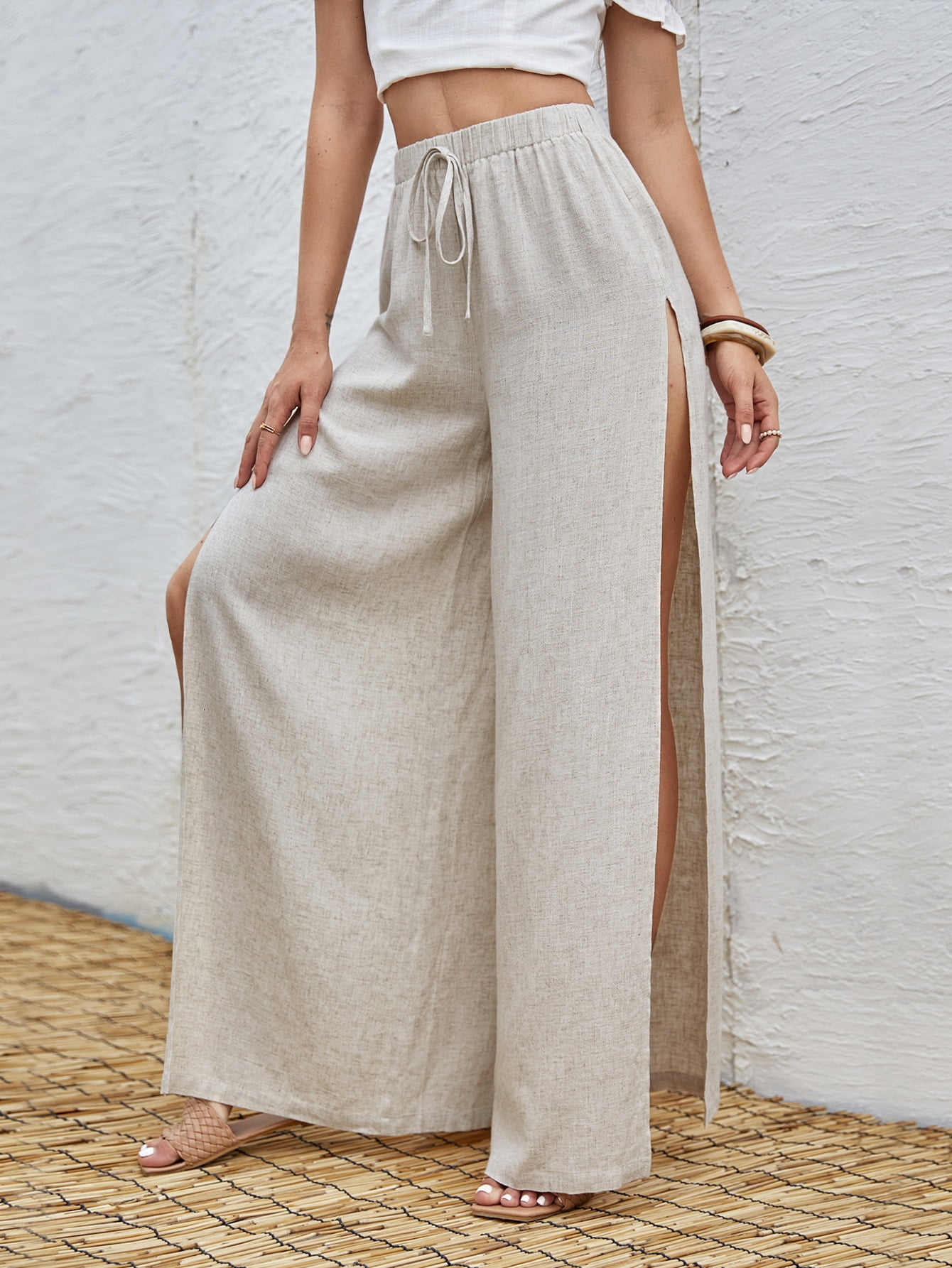 Tie Waist Split Thigh Wide Leg Pants XS 