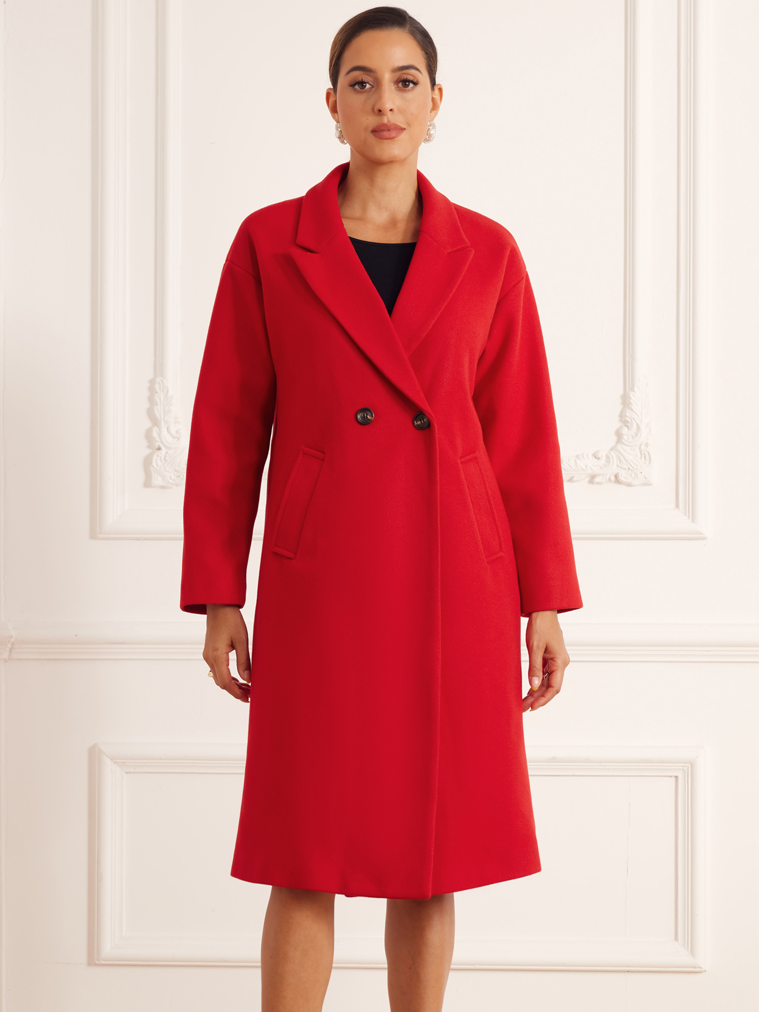 DARING DIVA Women's Winter Overcoat Notch Lapel Double-Breasted Mid-Length Long Coat L Red