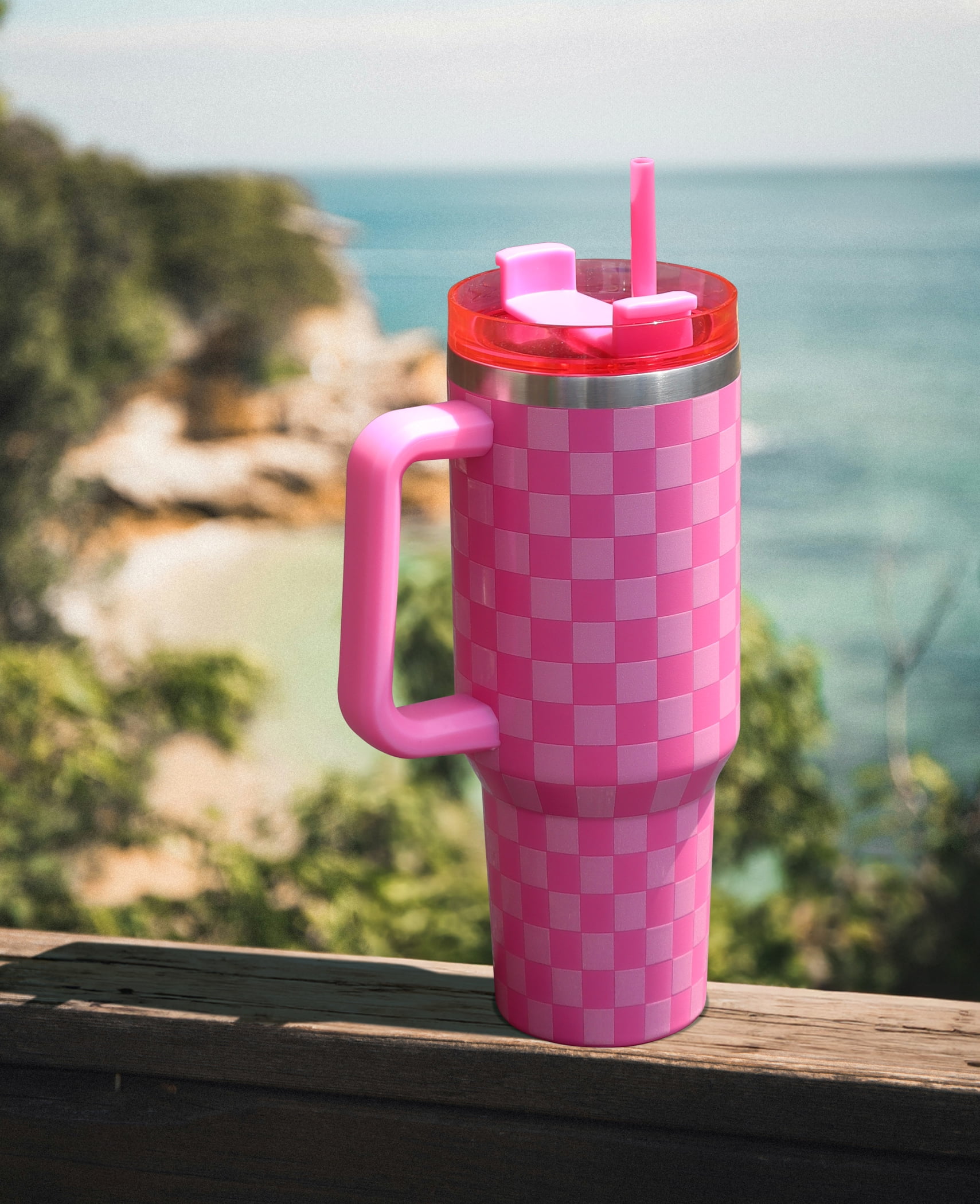 Mainstays 40 oz Stainless Steel Tumbler with Straw and Handle, Double Wall Insulated, Pink Check