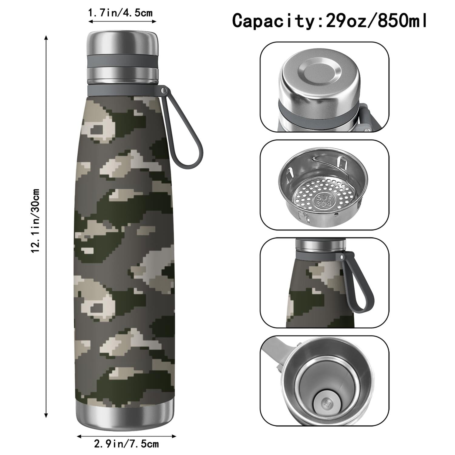 29oz Insulated Water Bottle with Tea Infuser, Stainless Steel Travel Mug, Camouflage Print
