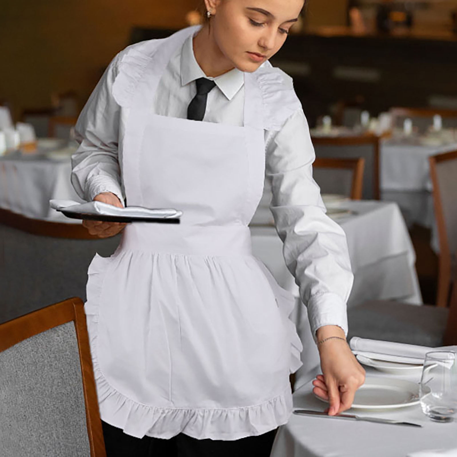 Aspire Kitchen Apron for Women, Christmas Cosplay Maid Ruffled Apron White, Waitress Working Apron, White