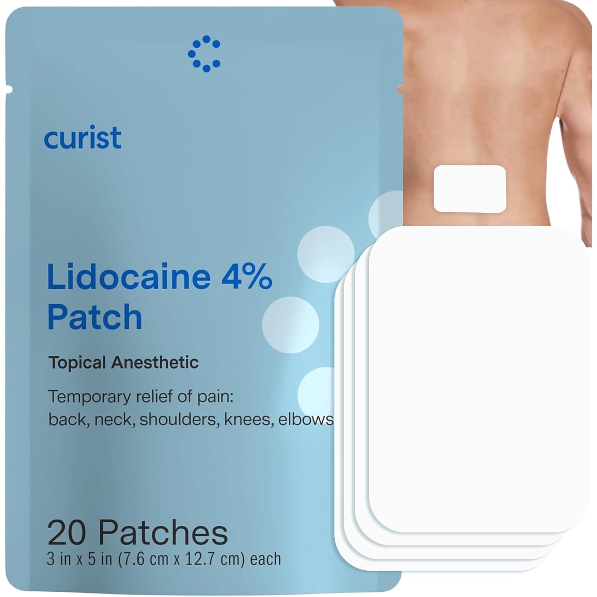 Curist Super Stick Lidocaine Patches Topical Pain Relief - Long Lasting Adhesive for Back Relief, Neck Relief, Sore Muscle Relief (20 Patches -1 Pack - 3x5 Lidocaine 4% Patches)