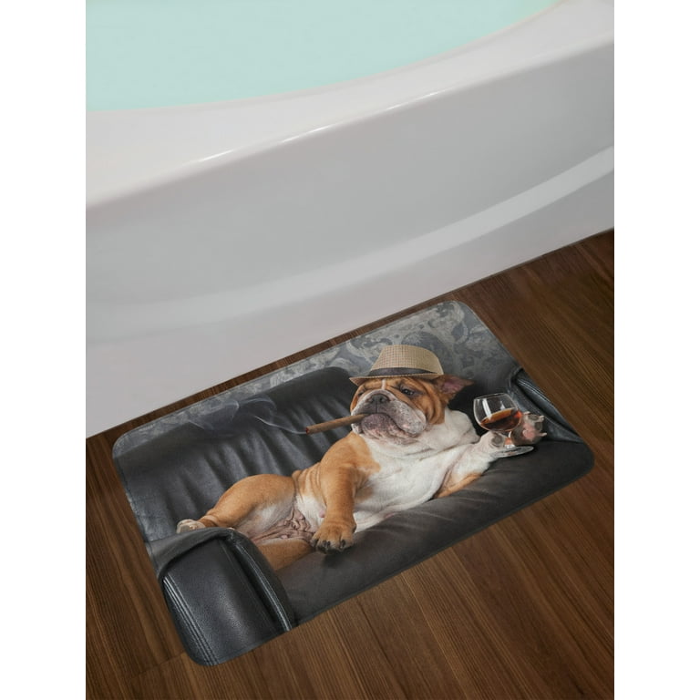 Bulldog Bath Mat, Humorous Photo of a Gentleman Dog Resting in a Chair with  Glass of Drink and Cigar, Non-Slip Plush Mat Bathroom Kitchen Laundry Room  Decor, 29.5 X 17.5 Inches, Multicolor