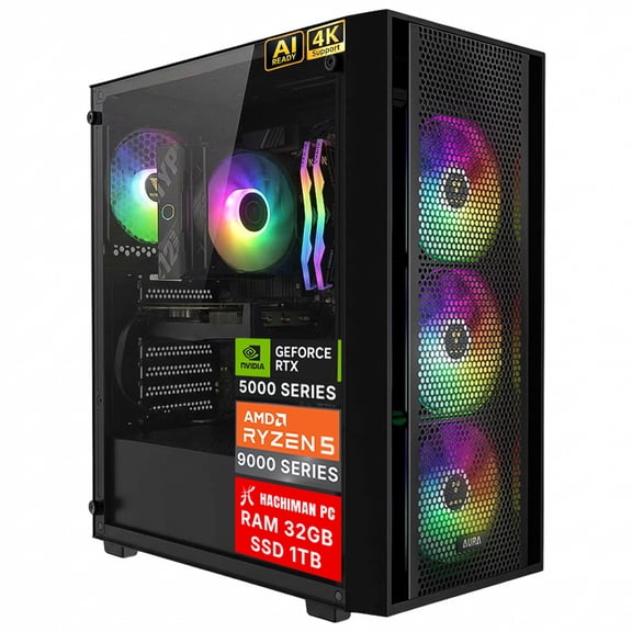 Hachiman PC Ronin Gaming PC, AMD Ryzen 5 9600X, GeForce RTX 5060 8GB, 32GB DDR5 6400MHz RGB, 1TB Gen4 NVMe SSD, Wi-Fi 6, Windows 11 Home, Desktop Computer