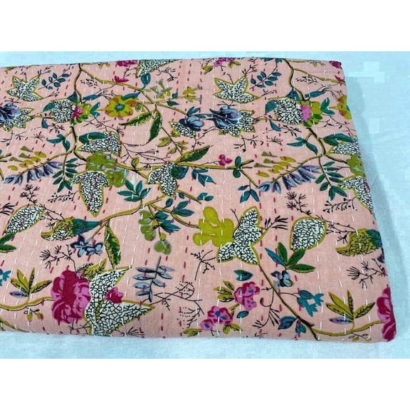 Ozark Textile Handmade Floral Indian Kantha Quilt Pink Peach Block Print 100% Cotton Lightweight Boho Bedspread 90*108 Queen size