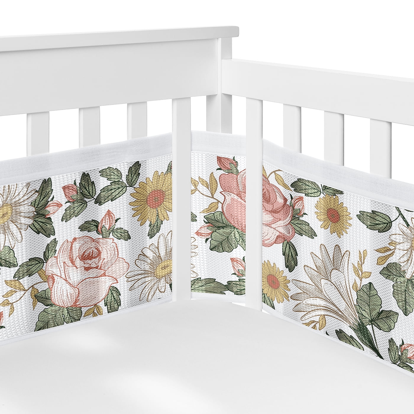 Sweet Jojo Designs Vintage Floral Pink Green and Yellow Crib Bedding + BreathableBaby Breathable Mesh Liner Pad