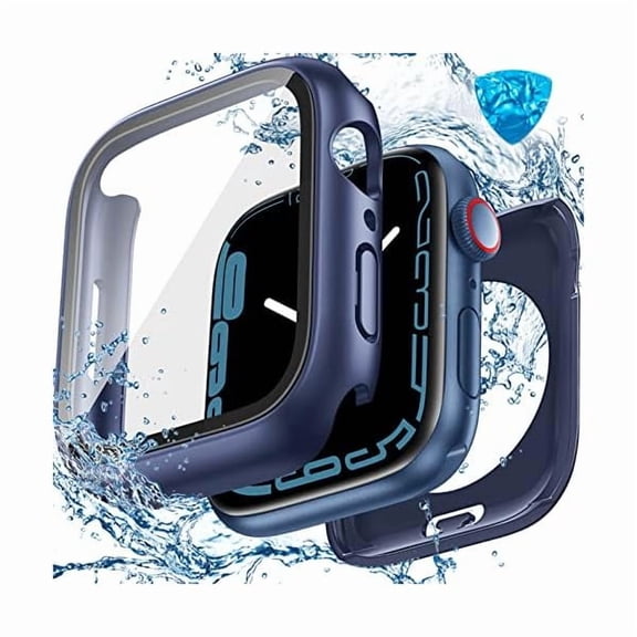 can 3 in 1 Waterproof Hard Case for Apple Watch Screen Protector 44mm, 360° Slim Full Protective Tempered Glass Face Cover   Back Hard PC Bumper for iWatch SE 3/SE 2/SE, Series 6/5/4, 44mm Blue